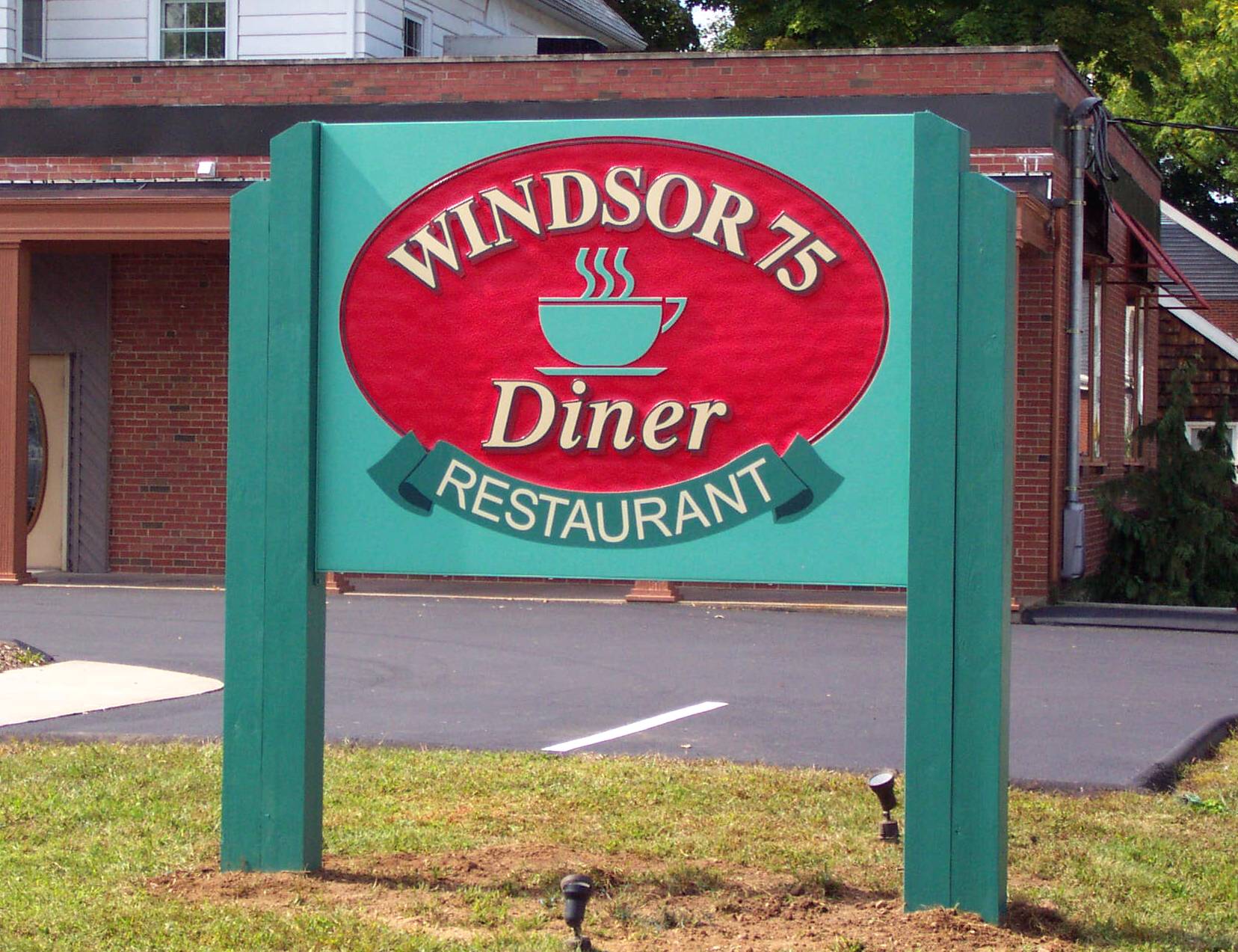 Hand carved Windsor 75 Diner sign with gold leaf lettering by New England Sign Carvers